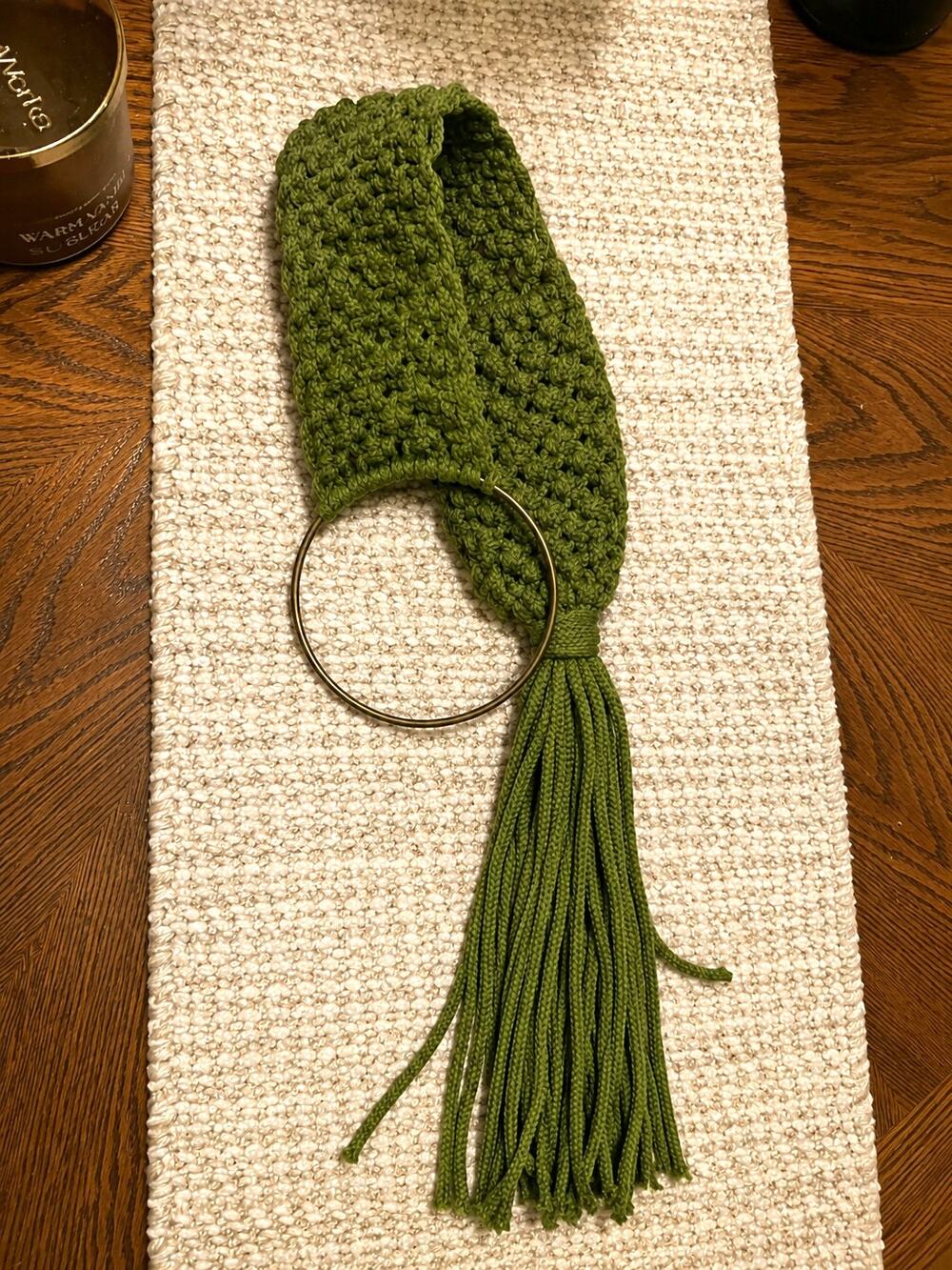 Long Macrame Hanger with Metal/Possibly Brass Ring and pocket.